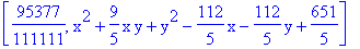[95377/111111, x^2+9/5*x*y+y^2-112/5*x-112/5*y+651/5]